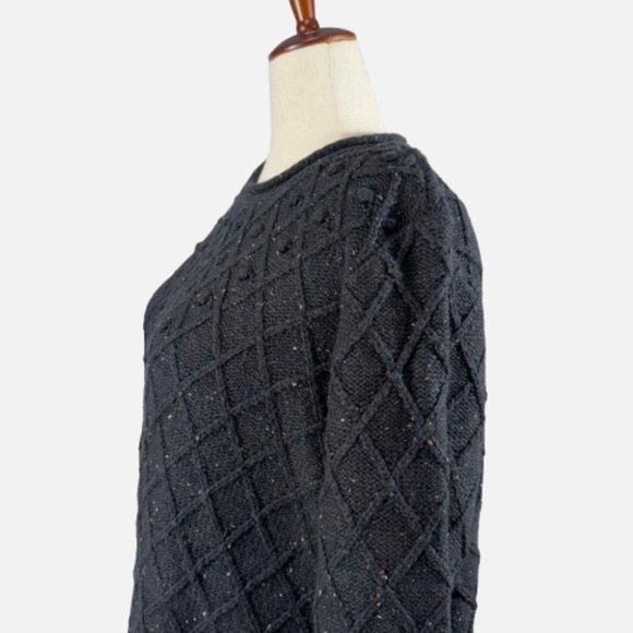 Land’s End Chunky Diamond 3D Pom Pom Rollneck Black Tweed Knit Sweater (Size 2X) - Picture 5 of 12
